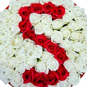 Aranjament floral litera cu 55 trandafiri de sapun in cutie rotunda catifea rosie, litera S - Img 3