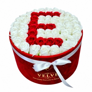 Aranjament floral litera cu 55 trandafiri de sapun in cutie rotunda catifea rosie, litera E