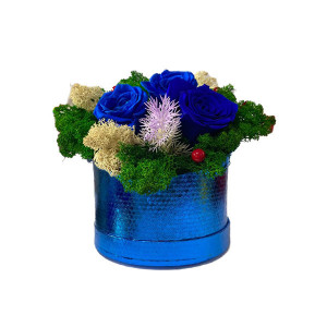 Aranjament Floral Midnight Dream cu 3 trandafiri criogenati pe pat de licheni naturali stabilizati Albastru