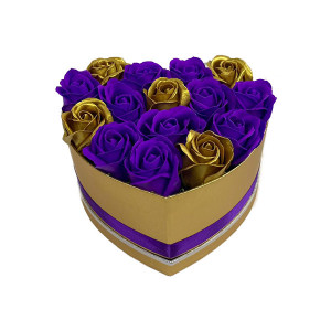 Aranjament floral Miracle Purple cutie inima cu 15 trandafiri sapun - Img 2