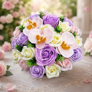 Aranjament floral premium in cutie de catifea neagra cu trandafiri si orhidee de sapun - Img 2