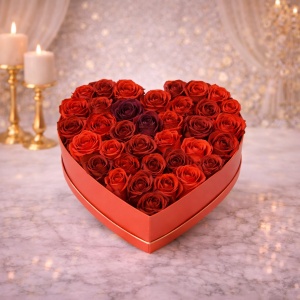 Aranjament floral Red Passion cutie inima cu 45 trandafiri sapun