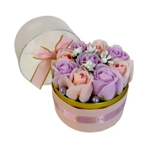 Aranjament floral Reo in cutie rotundă eleganta cu 9 trandafiri din săpun, Lila-Roz - Img 3