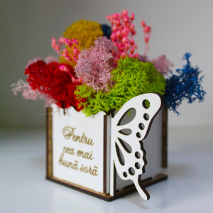 Aranjament floral Whiff, in cutie de lemn, cu personalizare serigrafica, licheni stabilizati si plante uscate, Sora/Roz - Img 4