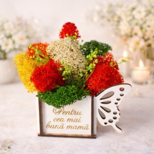 Aranjament floral Whiff "Pentru cea mai buna mama ", licheni stabilizati si plante uscate, in cutie de lemn
