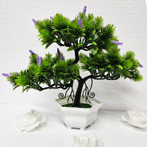 Bonsai decorativ artificial, cu pasari, in ghiveci miniatural, Balance Bird, Mov, Inaltime 28 cm3