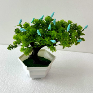Bonsai decorativ artificial, cu pasari, in ghiveci miniatural, Balance Bird, Albastru, Inaltime 28 cm