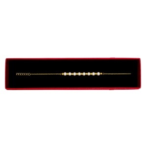 Bratara eleganta cu perle albe si bilute striate decorative, in cutie cadou, Auriu