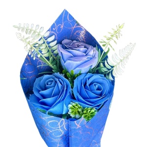 Buchet Bloom cu 3 trandafiri de sapun si plante artificiale,  Albastru