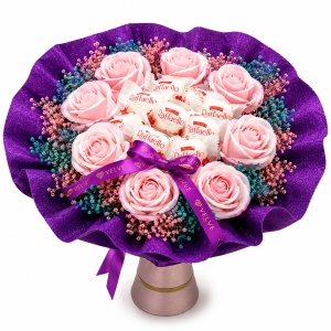 Buchet cadou Delice cu 8 praline Raffaello, 9 trandafiri de sapun si broom natural criogenat