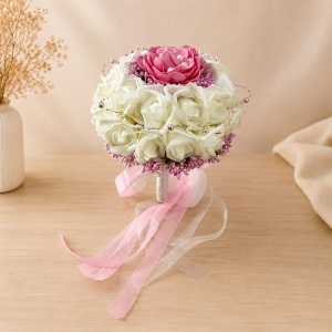 Buchet de mireasa premium, cu nuferi, trandafiri din spuma si stamine aurii, 28 cm - Img 5