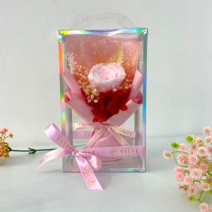 Buchet floral cu trandafir criogenat roz, hortensii si feriga, in cutie premium transparenta