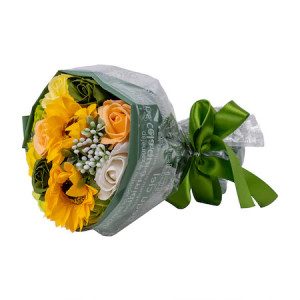 Buchet floral din trandafiri de sapun si floarea soarelui, Verde-Galben