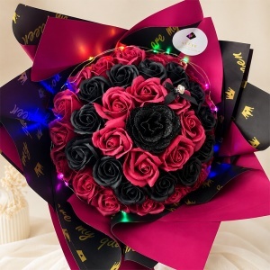 Buchet floral gigant Royal Velvet cu trandafiri de sapun si sclipici, inaltime 45cm, LED inclus, Negru - Bordo - Img 4