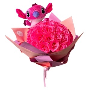 Buchet floral premium Stitch cu 35 trandafiri decorativi cu efect glitter, inaltime 42 cm, Roz - Img 2