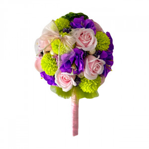 Buchet Mireasa cu trandafiri, stamine, anemone si dalii de sapun, multicolor