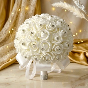 Buchet mireasa elegant Royal Pearl cu trandafiri, perle si cristale - Img 3