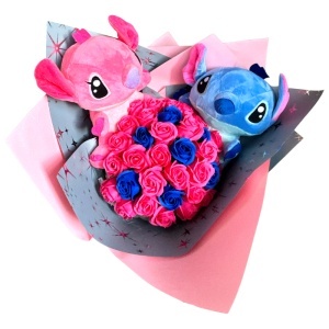 Buchet premium cu 35 trandafiri de sapun si 2 jucarii de plus Stitch, Roz-Albastru - Img 4