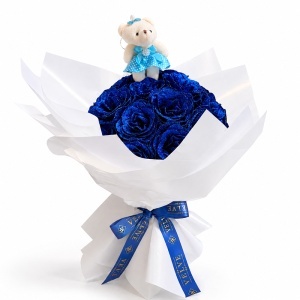 Buchet premium Sapphire Sparkle cu 25 trandafiri artizanali albastri cu sclipici si ursulet de plus, inaltime 50 cm - Img 5