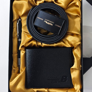 Cadou elegant pentru barbati Grand Touch, caseta cu portofel, pix metalic asortat si curea din piele ecologica, pe pat satinat in cutie cadou  5