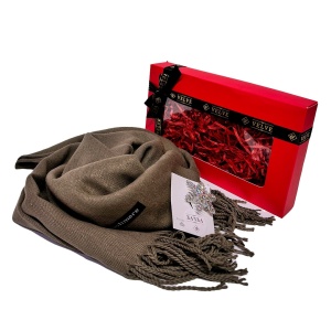 Pachet Secret Santa pentru femei, cu Esarfa de casmir si Brosa Fulg de Zapada, in cutie cadou, Bej