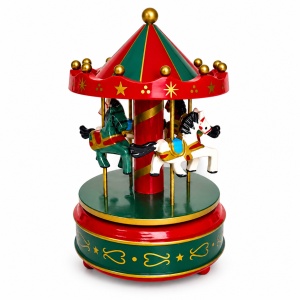 Carusel muzical decorativ cu caluti, design rosu, verde si auriu, 23 x 13 cm