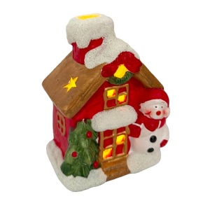 Casa de poveste a Moșului, decoratiune luminoasa de Craciun in forma de casuta acoperita de zapada, cu stelute, 15 x 12 cm, Rosu-Maro