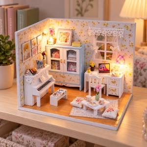 Casuta miniaturala DIY, camera muzicala cu mobilier, pian si iluminare LED - Img 3