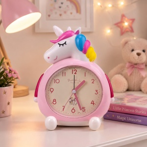 Ceas de masa decorativ cu unicorn, muzica si lumini, roz, 15x17 cm