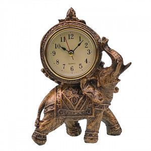 Decoratiune ceas de masa in forma de elefant din rasina, Aramiu, 11x17cm