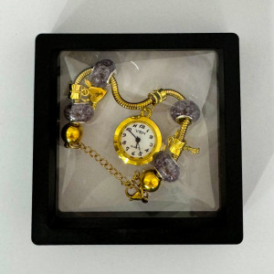 Ceas elegant Gold VSH cu pandativ, margele tip Murano si bratara reglabila, Negru 3