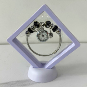 Ceas elegant Silver VSH cu pandativ, margele tip Murano si bratara reglabila, Lila 2