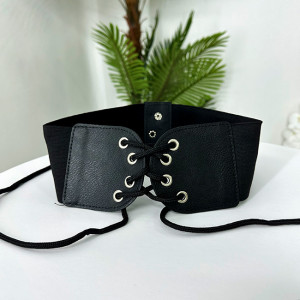 Centura corset MYN, din piele ecologica, elastica, cu snur, Negru 3