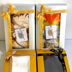 Colectie SILK cu 4 seturi elegante de esarfa si brosa, in cutii cu fereastra, Auriu detaliu
