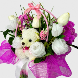 Cosulet aniversar Floral Collection, cu ursulet de plus, plante verzi, hortensii, velve