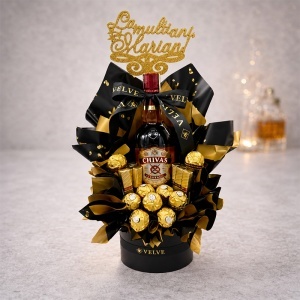 Cosulet Delice pentru barbati, cu topper „La Multi Ani, Marian!”, Chivas Regal 12 YO 500 ml, 9 praline Ferrero Rocher si 12 ciocolatele Merci - Img 2
