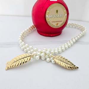 Curea elastica Pearly, catarama metalica decorativa si perle, Gold Leaf 3