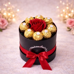 Cutie cadou pentru femei neagra, Sweet Flower, cu trandafir de sapun si 7 praline Ferrero Rocher - Img 2
