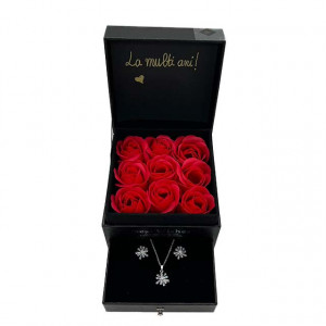 Cutie cu sertar Wend, mesaj text "La multi ani, colega", 9 trandafiri de sapun si set acccesorii, cercei si lant cu pandantiv, in punga cadou, negru2
