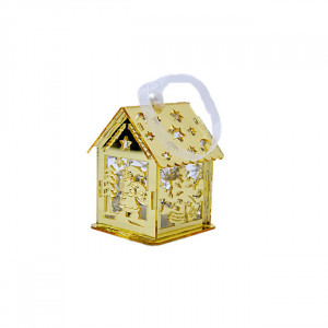 Decoratiune de Craciun cu muzicuta si luminite, tip casa, Auriu, 8x4,5 cm