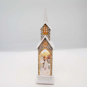 Decoratiune luminoasa, Capela cu Inger si porumbei, cu LED, Baza 5x5, inaltime 21 cm, Alb - Img 4