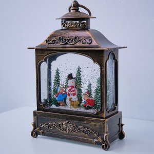Decoratiune luminoasa cu tematica de Craciun in forma de felinar, muzical, cu doi copii, un om de zapada si un caine, Maro Vintage