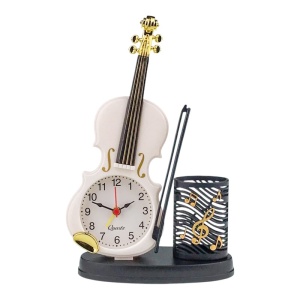 Decoratiune pentru birou, Ceas Analog, aspect Vioara si Suport Pix, Alb, 14x22 cm