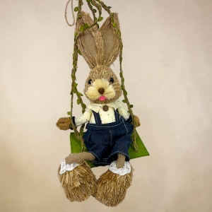 Decoratiune pentru Paste, iepuras pe leagan, din paie si textil, 35 cm - Img 5