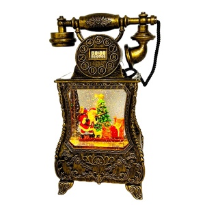 Decoratiune premium Nostalgic Phone, cu functii muzicale, lumina LED si zapada in miscare, Taina sosirii lui Mos Craciun, Maro bronz 32X17X8 cm - Img 5