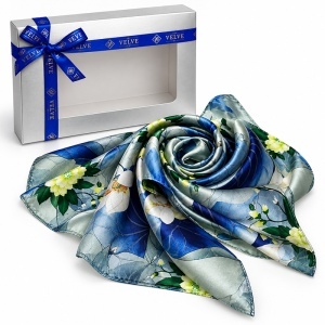 Esarfa premium dama cu imprimeu botanic, 70 x 70 cm, Bleu-Verde - Img 5