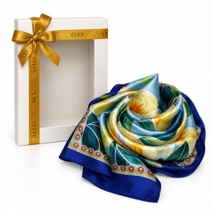 Esarfa premium dama cu motive florale, 70 x 70 cm, Bleumarin - Img 6