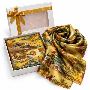 Esarfa premium dama cu peisaj oriental, 70 x 70 cm, Auriu - Img 4