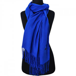 Esarfa tip sal Belladona, din material subtire, cu franjuri si emblema, Albastru, 180x65 cm