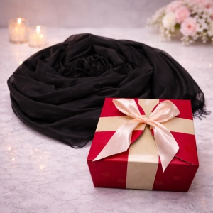 Esarfa tip sal, din material subtire cu casmir, in cutie cadou, Negru, 178x72 cm
